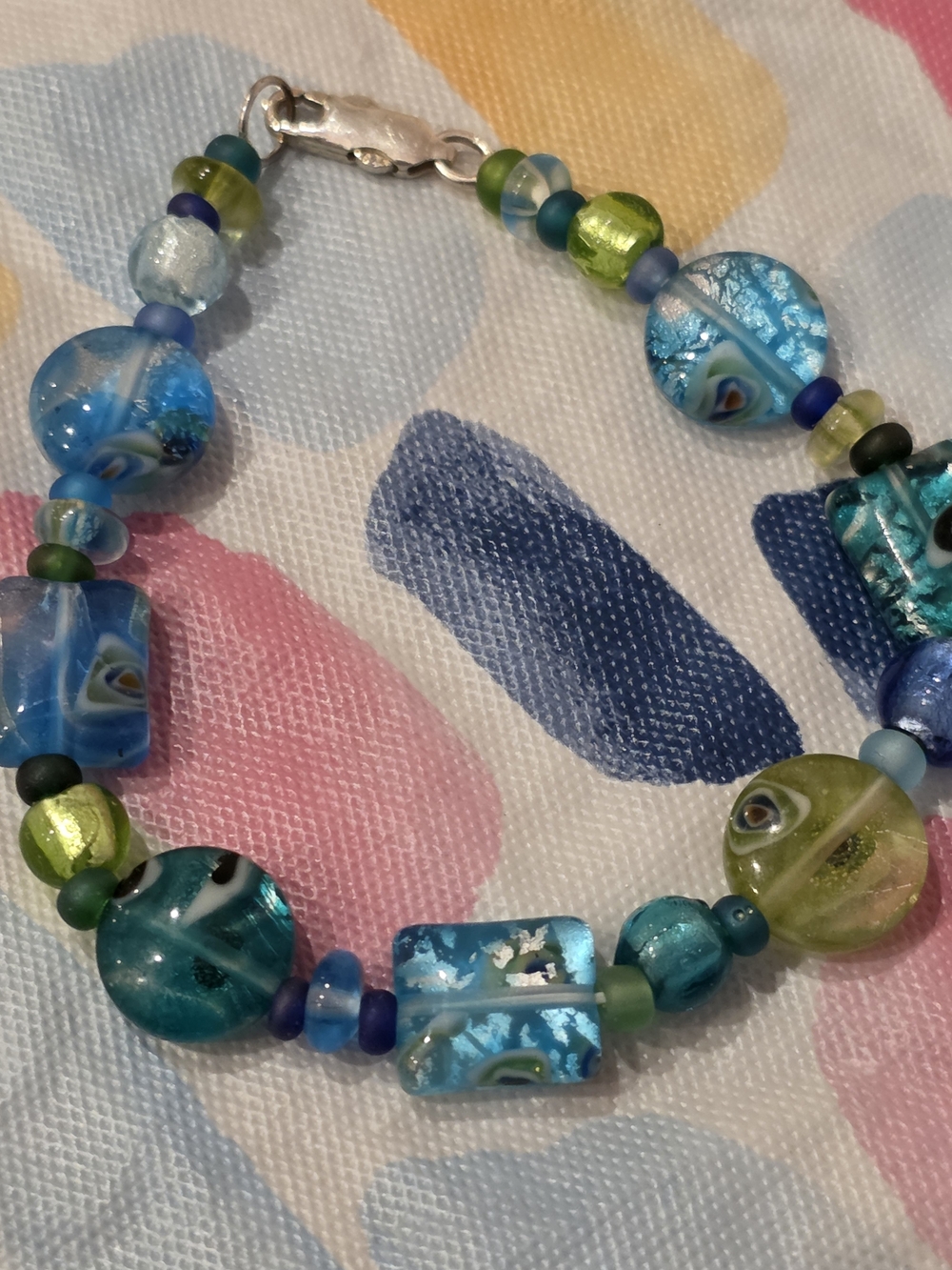 Vintage Murano Style Beaded Bracelet With Sterling Silver Clasp.